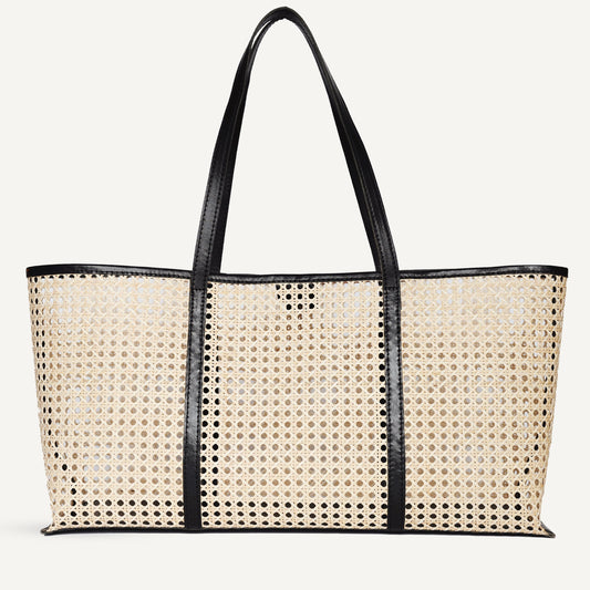Forstera Extra-Wide Rattan Beach Bag with elegant leather trim—crafted for spacious style and sun-soaked adventures